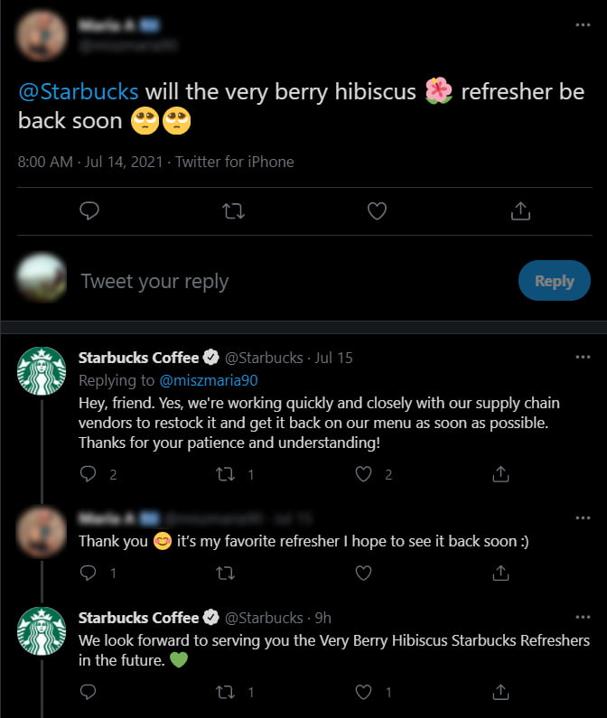 Starbucks Replies with Green heart emojis