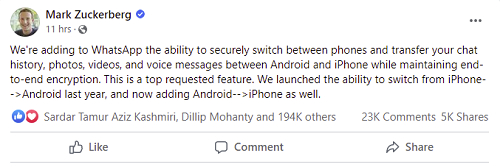 Mark Zuckerberg Posts About WhatsApp Switch