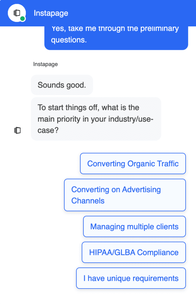Screenshot of marketing chatbot from Instapage